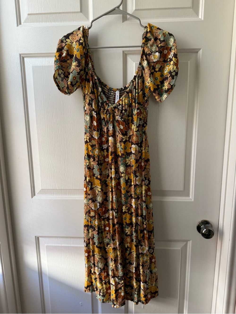 RVCA Floral Printed Midi Dress in Yellow, Brown, and Orange Tones